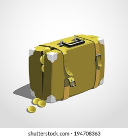Illustration retro leather suitcase full golden coins  Vector image  easy editable 