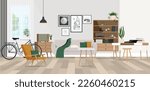 Illustration retro living room design with old tv, cabinet and radio along with work area with typewriter