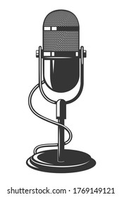 Illustration of retro microphone isolated on white background. Design element for poster, card, banner, logo, label, sign, badge, t shirt. Vector illustration