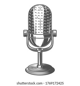 Illustration of retro microphone isolated on white background. Design element for poster, card, banner, logo, label, sign, badge, t shirt. Vector illustration