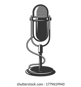 Illustration of retro microphone isolated on white background. Design element for poster, card, banner, logo, label, sign, badge, t shirt. Vector illustration