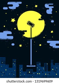 Illustration of a Retro Microphone on Stand Floating in the Sky with the Moon and Buildings