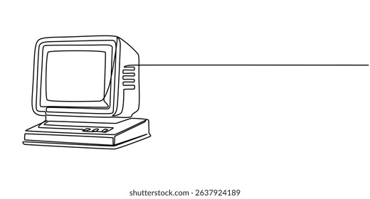 Illustration of a retro personal computer, Retro computer terminal continuous one line drawing, Classic Desktop Computer Drawing