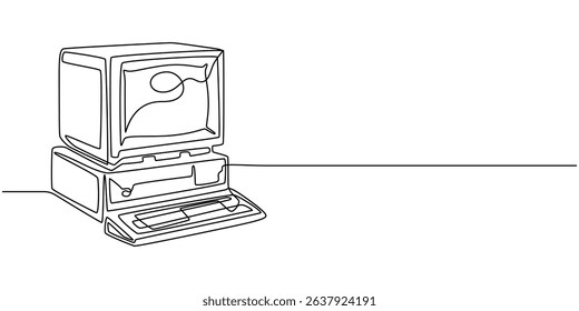 Illustration of a retro personal computer, Retro computer terminal continuous one line drawing, Classic Desktop Computer Drawing