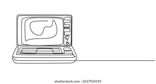Illustration of a retro personal computer, Retro computer terminal continuous one line drawing, Classic Desktop Computer Drawing