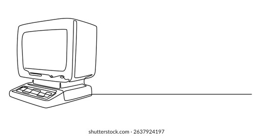 Illustration of a retro personal computer, Retro computer terminal continuous one line drawing, Classic Desktop Computer Drawing