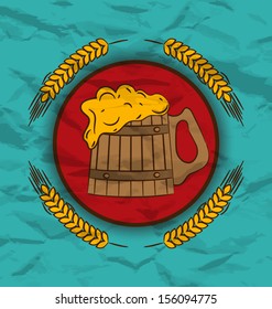 Illustration retro poster wooden mug beer and wheat - vector