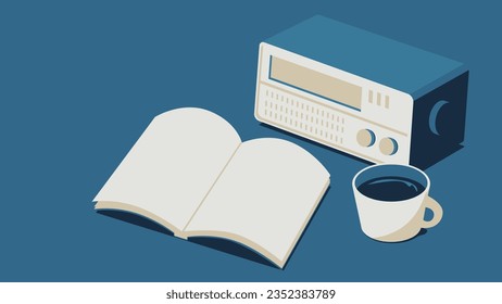 Illustration of retro radio, coffee and book.