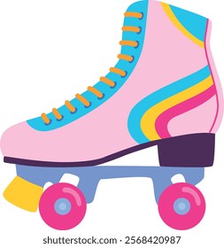 Illustration of retro roller skate isolated on white. Vintage roller shoe with rainbow decor