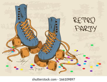 Illustration with retro roller skates on a grunge background