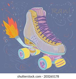 Illustration with retro roller skates on a background. Vector. Shoes with rollers with exhaust pipe.