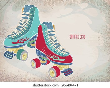 Illustration with retro roller skates on a gray  grunge background. Vector .