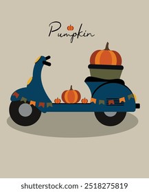 Illustration with Retro Scooter and Pumpkin