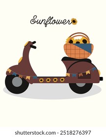 Illustration with Retro Scooter and Sunflowers Bag