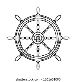 Illustration of retro ship steering wheel. Design element for poster, card, banner, sign, emblem, logo. Vector illustration