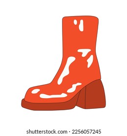 Illustration of a retro shoe in the style of the 60s - 70s. Glossy, latex platform shoes. Hippie accessory. Isolated icon on a white background