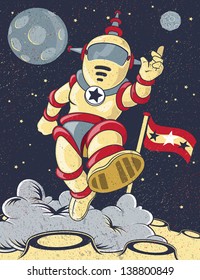 illustration of a Retro Spaceman jumping in zero gravity on the surface of the moon on his latest outer space exploration