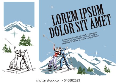 Illustration in retro style of advertising. Presentation template. Winter fun. Skiers on ski resort.