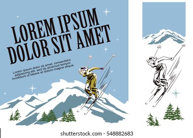 Illustration in retro style of advertising. Presentation template. Winter fun. Skier woman.