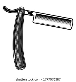 Illustration of retro style barber razor. Design element for logo, emblem, sign, poster, card, banner. Vector illustration