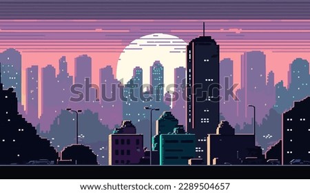 Illustration in retro style of city pixel background, pixel art background, 2d vector illustration, EPS 10.