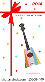 An Illustration of Retro Style and Colorful Ukulele Guitar on 2014 New Year Card  