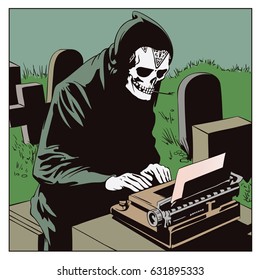 Illustration in retro style pop art and vintage advertising. Death prints on a typewriter.