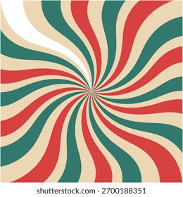 Ilustração de um padrão retro de espiral com listras curvas vermelhas, verdes e beges irradiando de um ponto central, dando um efeito vintage ou hipnótico.