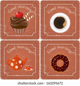 Illustration - Retro illustration with tea, cupcakes and a coffe 