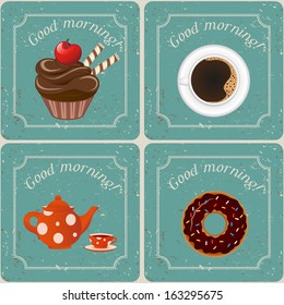Illustration - Retro illustration with tea, cupcakes and a coffe
