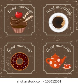 Illustration - Retro illustration with tea, cupcakes and a coffee