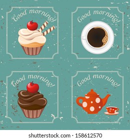 Illustration - Retro illustration with tea, cupcakes and a cup of coffee