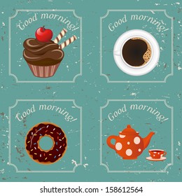 Illustration - Retro illustration with tea, donut and a cup of coffee