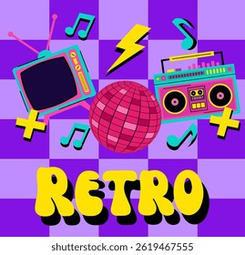 Illustration of retro technique on blue background.