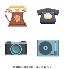 Illustration of retro technology including phones and camera with a vinyl player