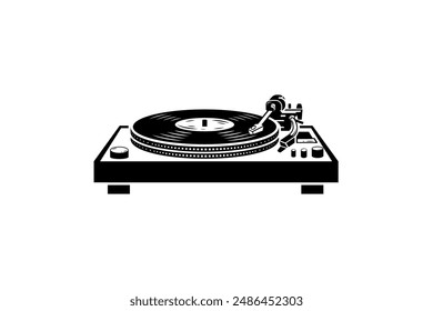 illustration of Retro turntable style with DJ console in black and white colors.