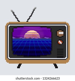 Illustration of retro tv. Pixel art style. 8 bit. 