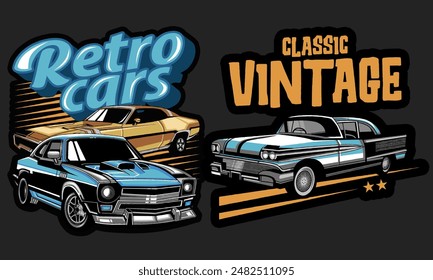 Illustration of Retro and Vintage Classic Cars Bold Typography and Dynamic Car Designs