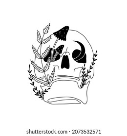 illustration in retro vintage engraving style. human skull and wild forest poisonous mushrooms. ideal for printing on clothing or fabric