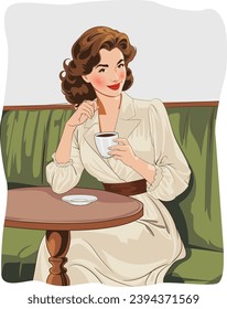 Illustration in retro vintage pop art comic style: a young beautiful woman with short hair in a beret sits in a cafe and drinks coffee