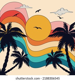 Illustration der Retro-Welle, Palmen und der Sonne. Vogel fliegt am Himmel. Grafik-Vektorgrafik-Druck. Vektorretro-Wave-Illustration mit Sonnenuntergang und Palmen 