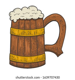 Illustration of retro wooden mug of beer in engraving style. Design element for logo, label, emblem, sign. Vector illustration