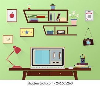 Illustration of  retro workplace in room. Flat design with long shadows. Flat minimalistic style. 