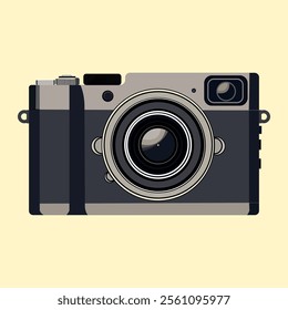 Illustration of a retro-inspired digital camera featuring a prominent lens and sleek design on a white background.
