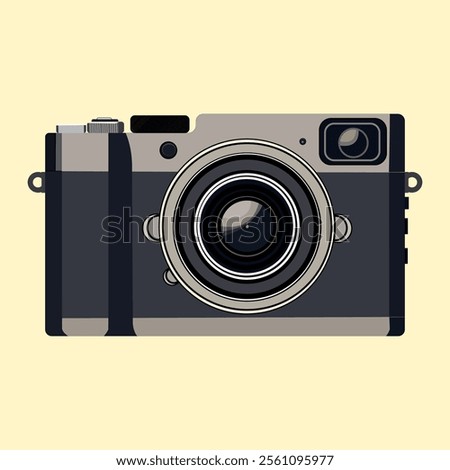 Illustration of a retro-inspired digital camera featuring a prominent lens and sleek design on a white background.
