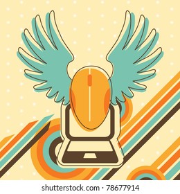 Illustration in retro-style colors - Computer Mouse with Wings
