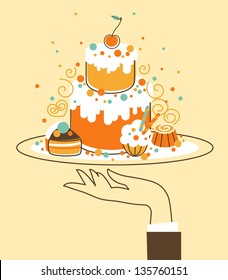 Illustration in retro-style - platter with cakes