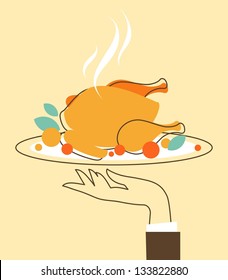 Illustration in retro-style - platter with turkey and garnish