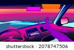 illustration retrowave style,a chillin girl in the car enjoying the beach sunset