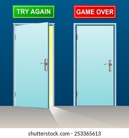 illustration of retry and game over doors concept